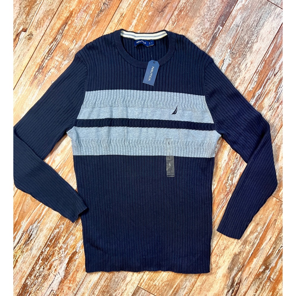 NWT Nautica Men's Ribbed Crew Neck Sweater Navy Gray Stripe Size L Cotton Blend